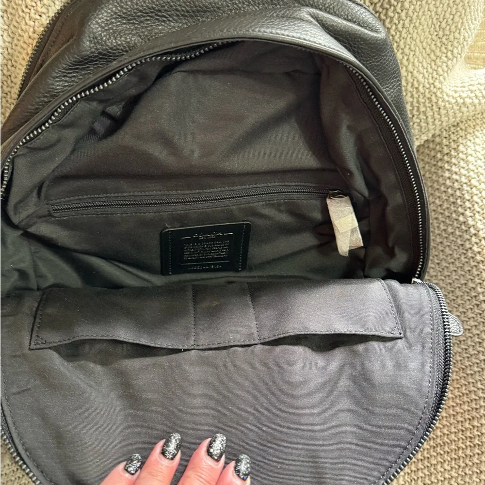 Coach Black Leather Backpack with Brown and Navy Stripes